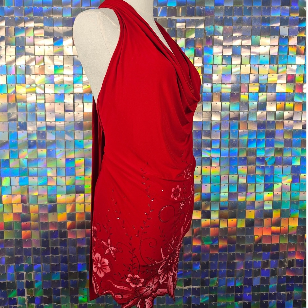 Halter Mini Dress Women Size M Red Excellent Floral Glitter Cowl Neck - Picture 5 of 10